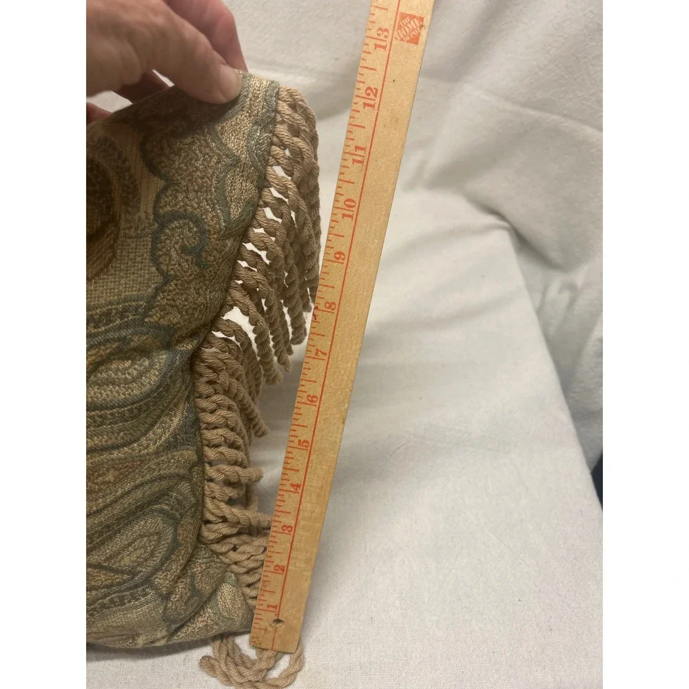 Newport Lumbar Pillow Damask Medallion Sage Gold Tan Rope Fringe Made in USA